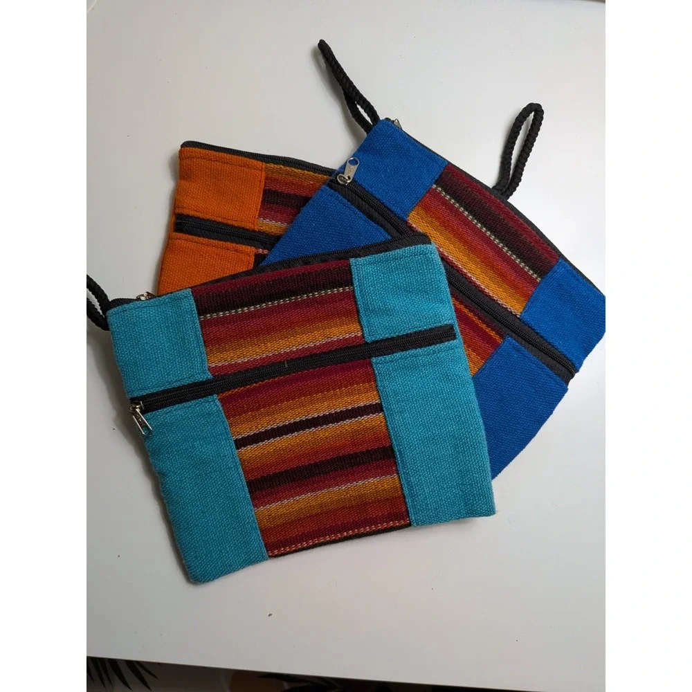 Woven Striped Jewelry Makeup Travel Pouch Set of 3 Wristlet Catchall Bolivia